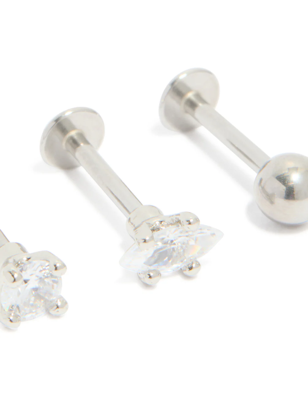Surgical Steel Cubic Zirconia Marquise & Round Flat Back Studs 3-Pack - Image 2