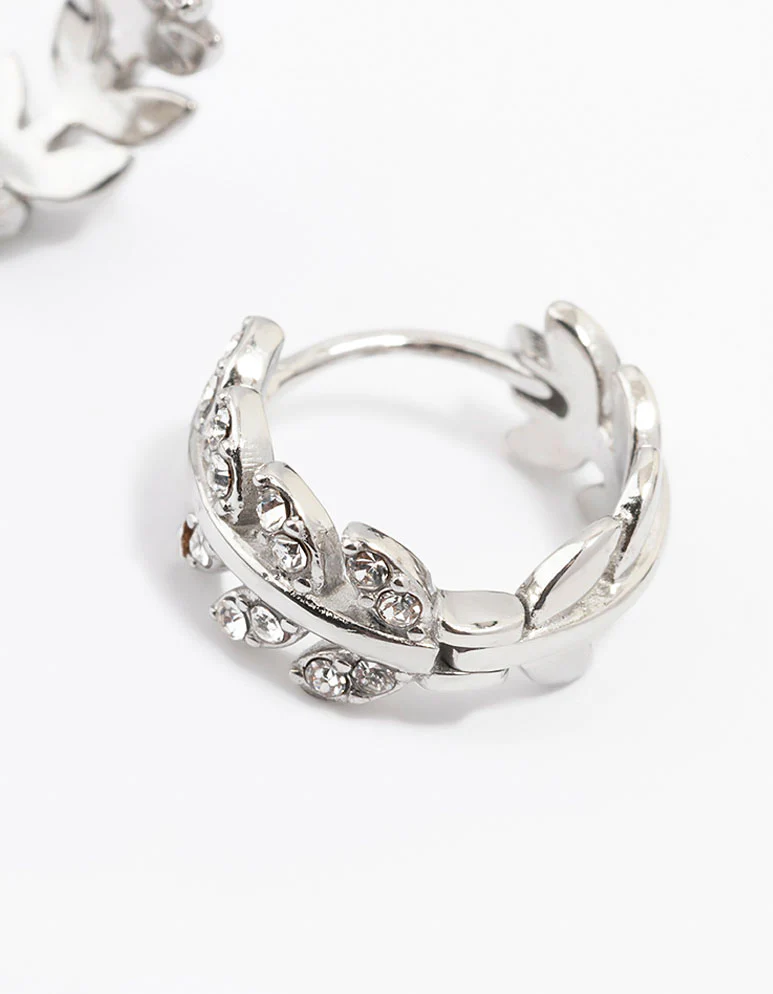 Surgical Steel Diamante Leaf Huggie Earrings - Image 3