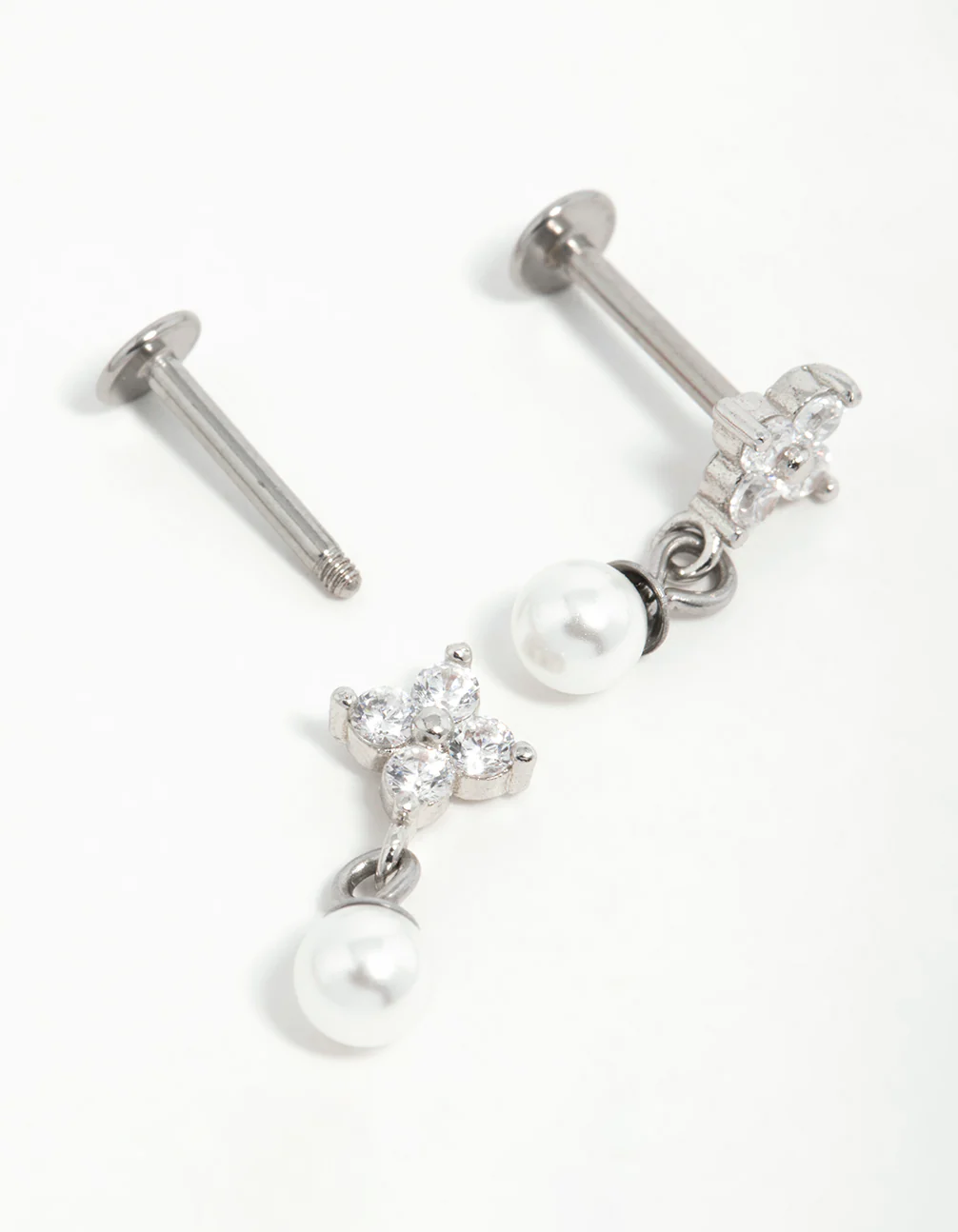 Surgical Steel Pearl Cubic Zirconia Flower Flat Back Earrings - Image 4