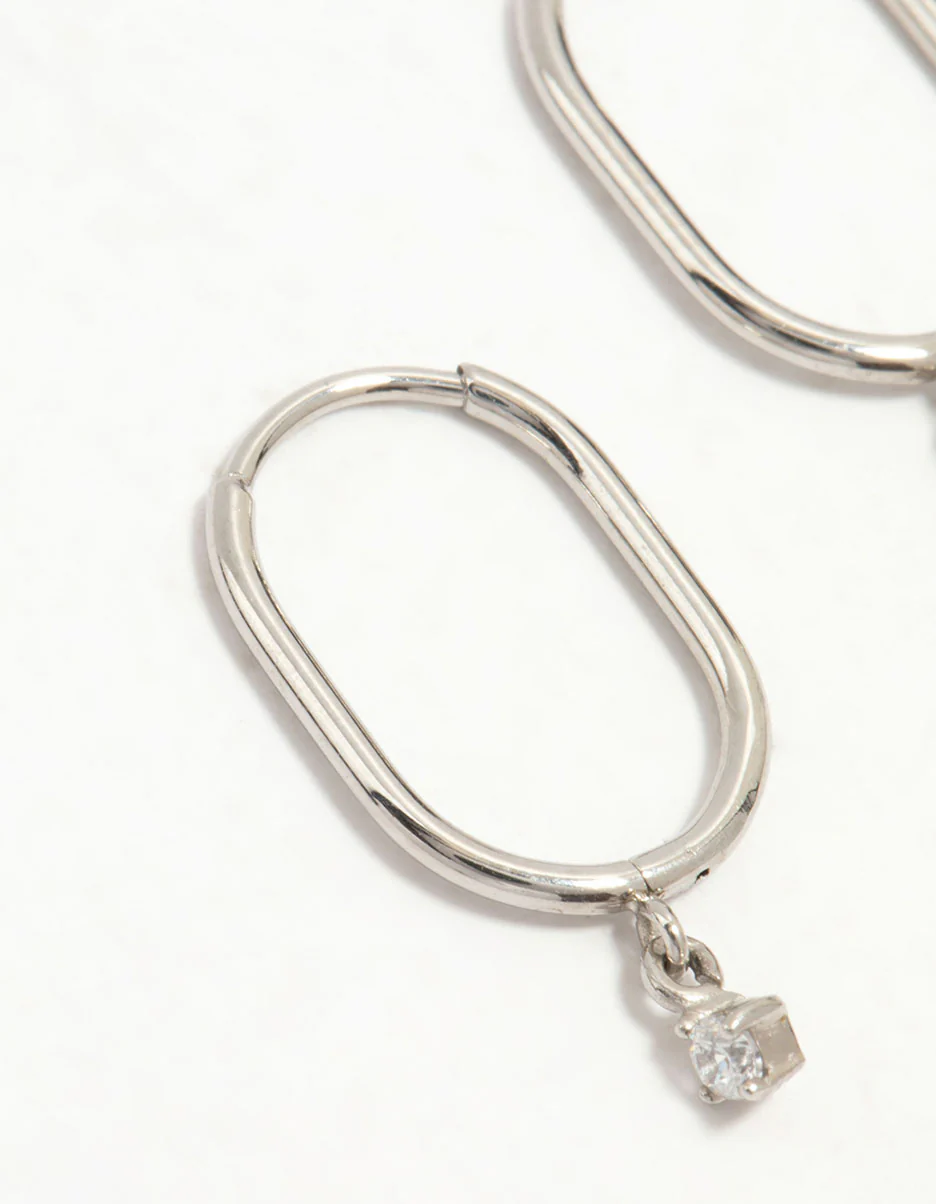 Surgical Steel Rectangular Sleeper Cubic Zirconia Charm Earrings - Image 4