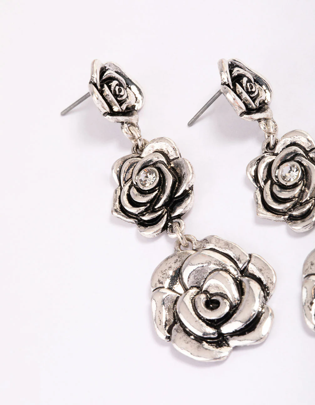 Antique Silver Triple Row Diamante Flower Drop Earrings - Image 2