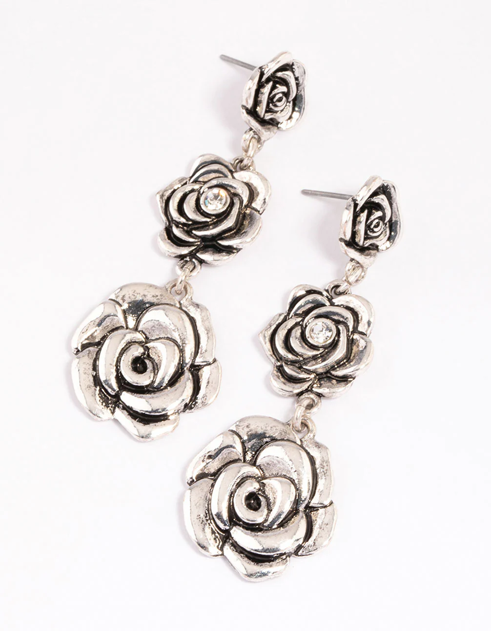 Antique Silver Triple Row Diamante Flower Drop Earrings - Image 3