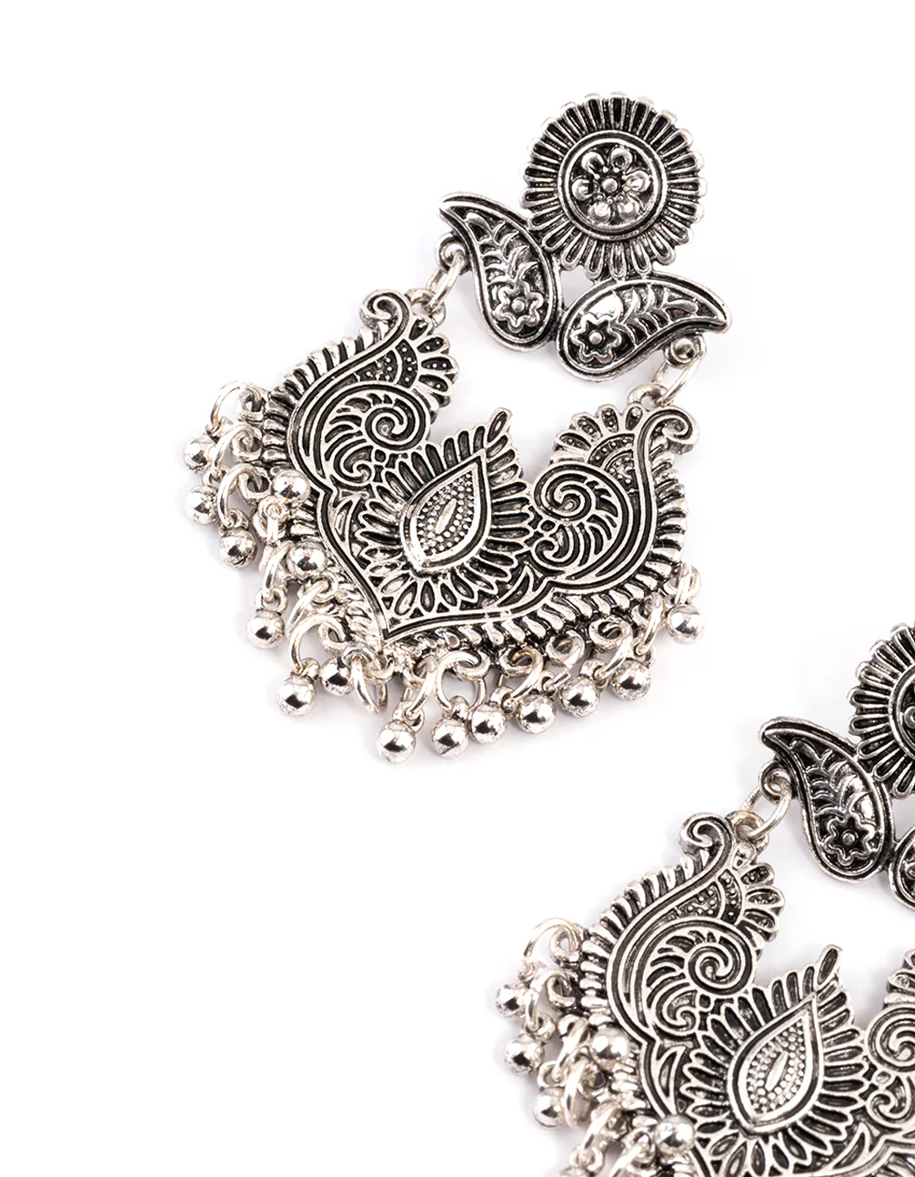 Antique Silver Filigree Bead Drop Jhumka Earrings - Image 2