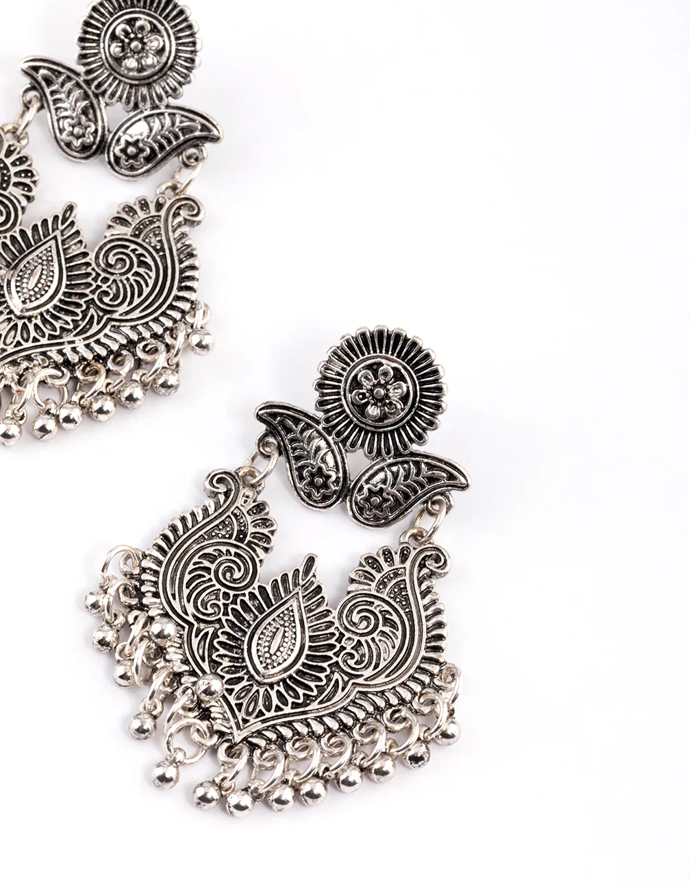 Antique Silver Filigree Bead Drop Jhumka Earrings - Image 3