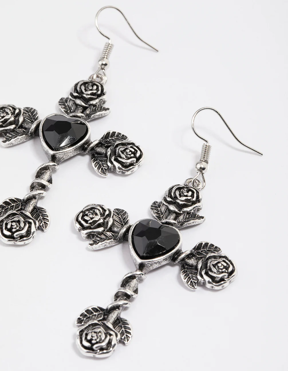 Antique Silver Rose & Heart Drop Earrings - Image 2