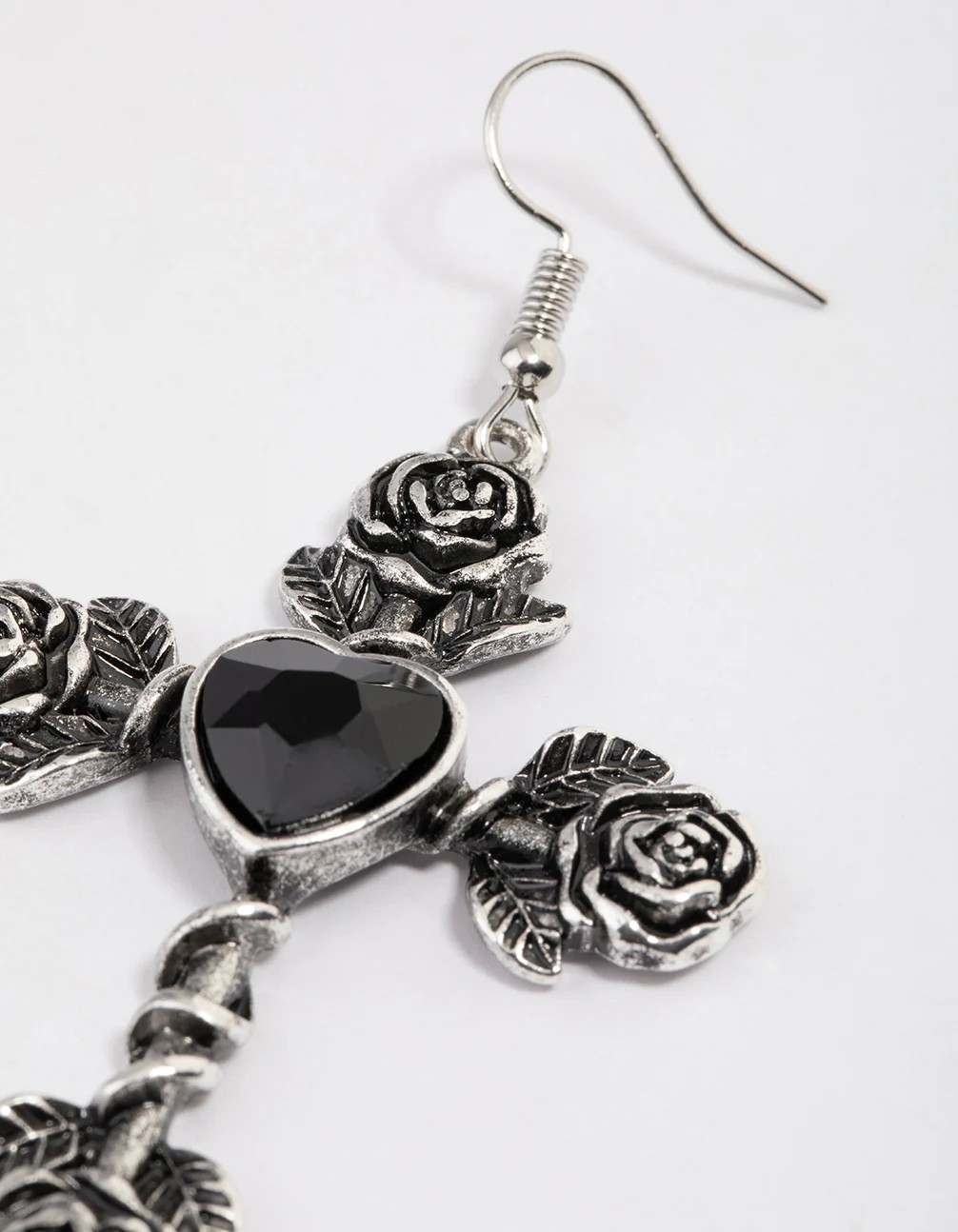 Antique Silver Rose & Heart Drop Earrings - Image 3