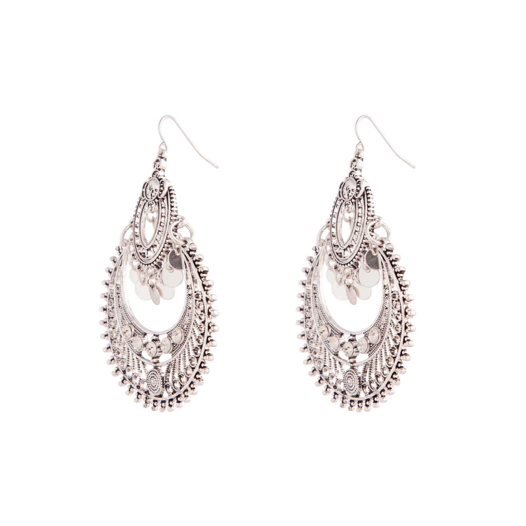 Etched Antique Silver Disc Drop Chandbali Earrings - Image 2