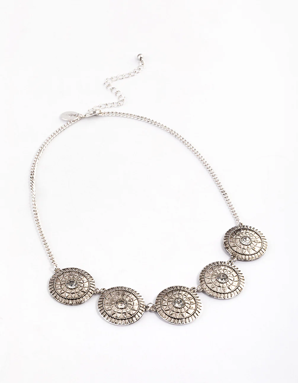 Antique Silver Diamante Pattern Disc Necklace - Image 2