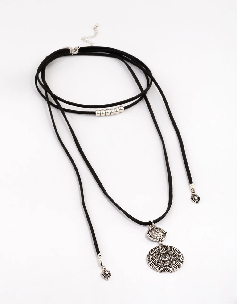 Antique Silver Multi Disc Suede Cord Layered Necklace - Image 2