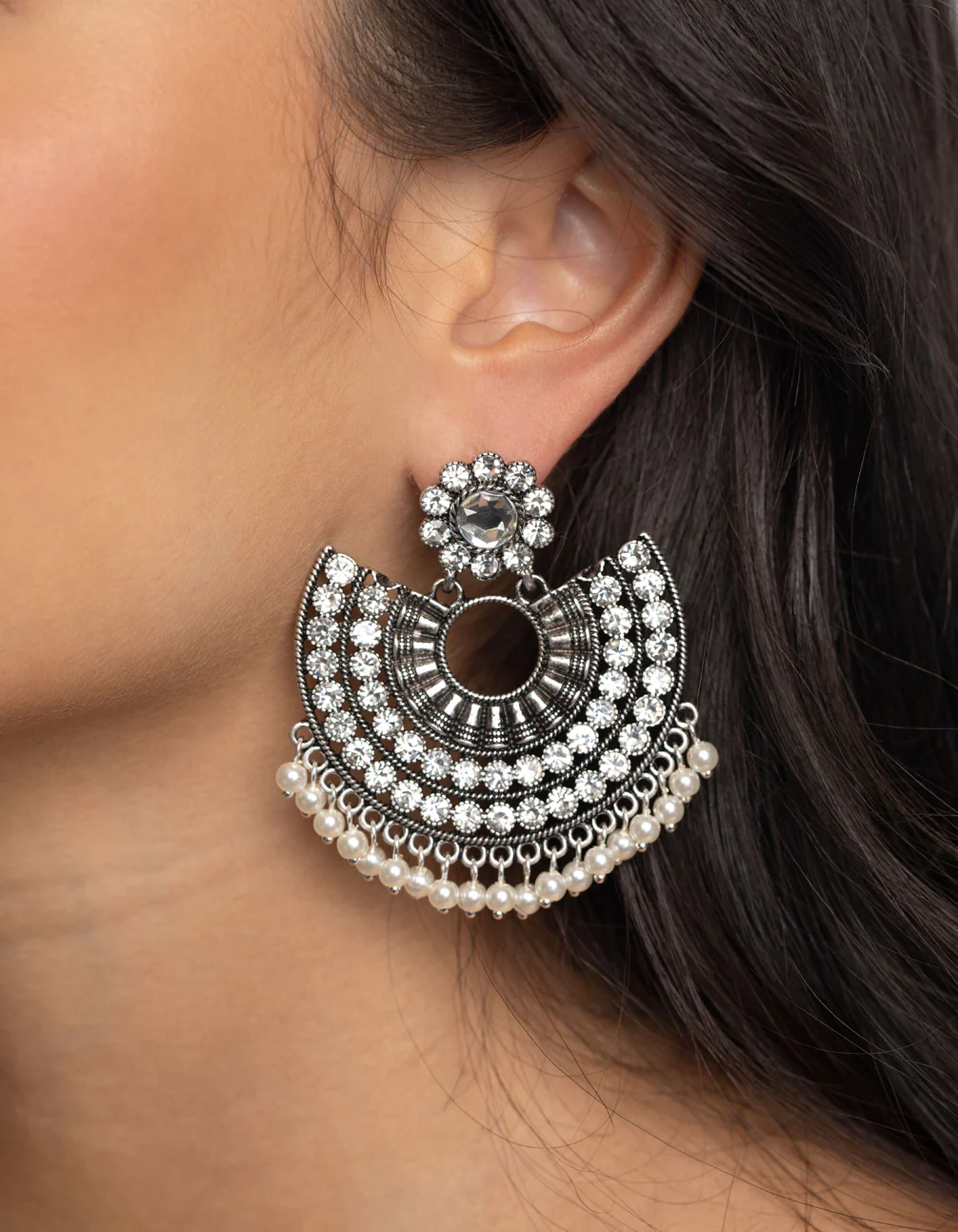 Antique Silver Pearl Bead Chandbali Earrings - Image 2