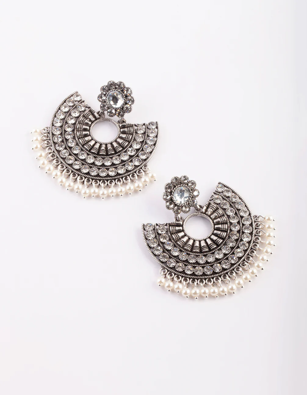 Antique Silver Pearl Bead Chandbali Earrings - Image 3