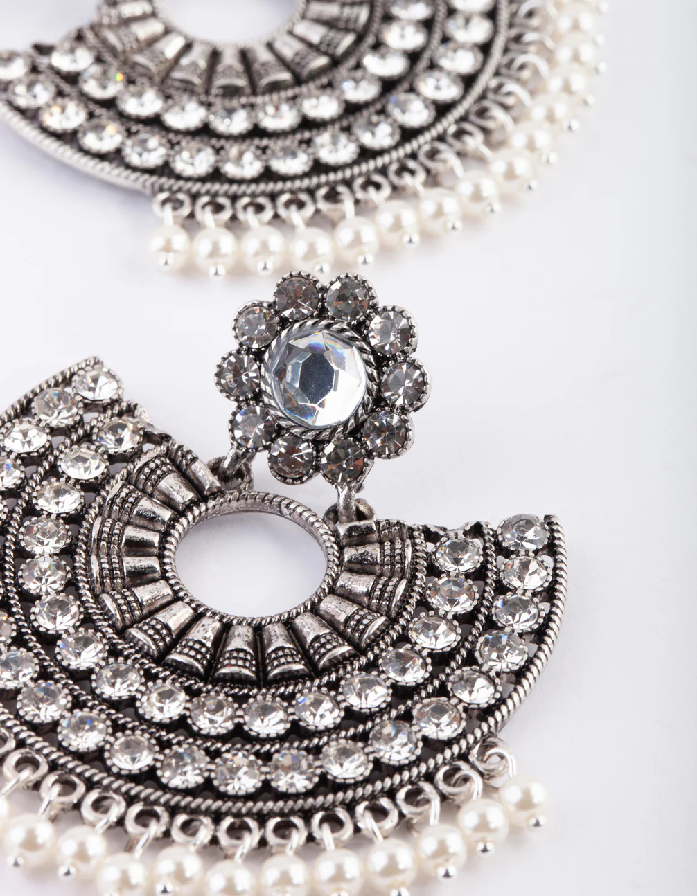 Antique Silver Pearl Bead Chandbali Earrings - Image 4
