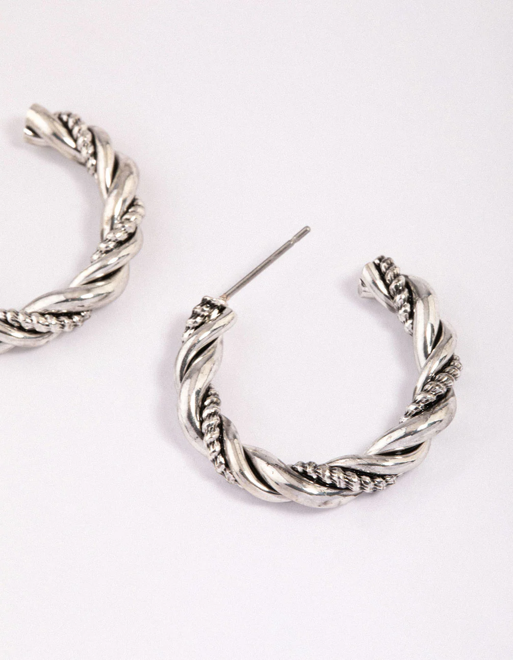 Antique Silver Textured Twisted Hoop Earrings - Image 2