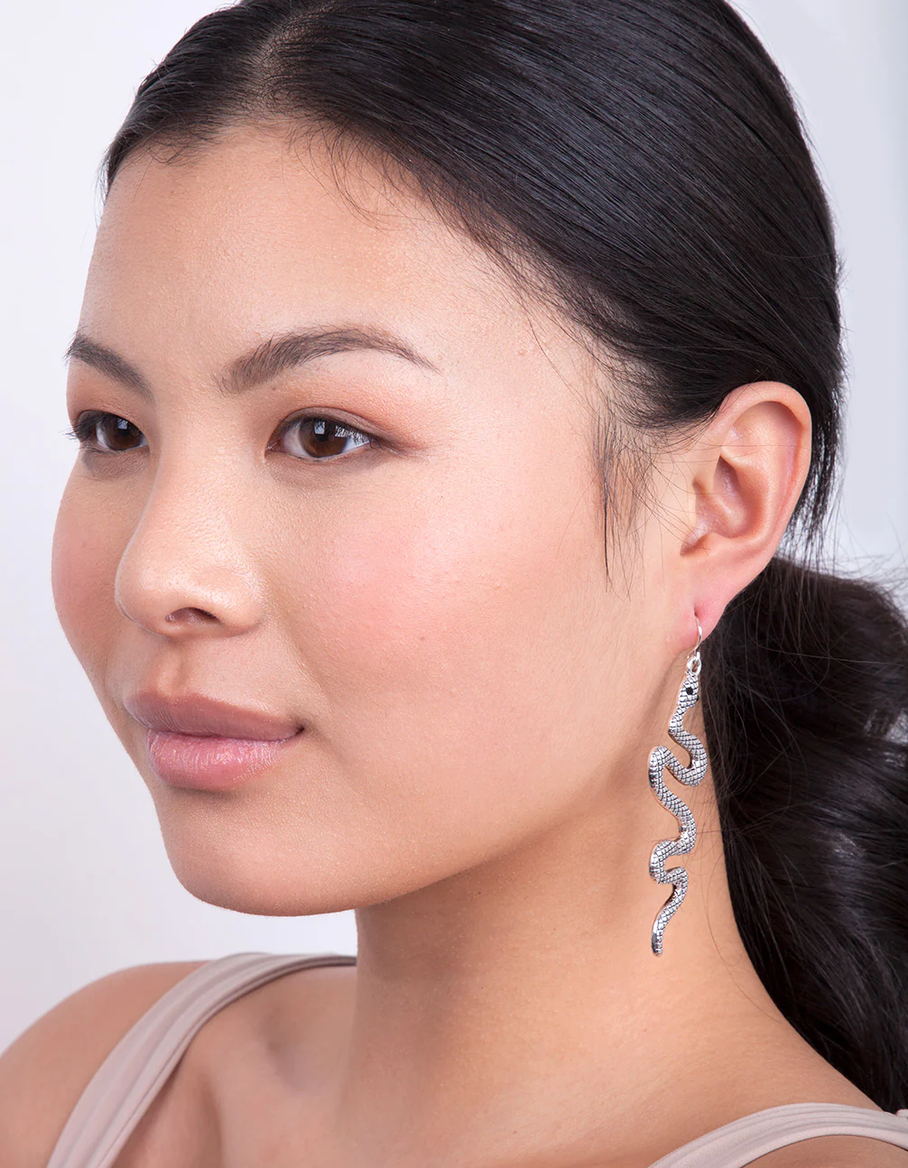 Antique Silver Textured Snake Earrings - Image 2