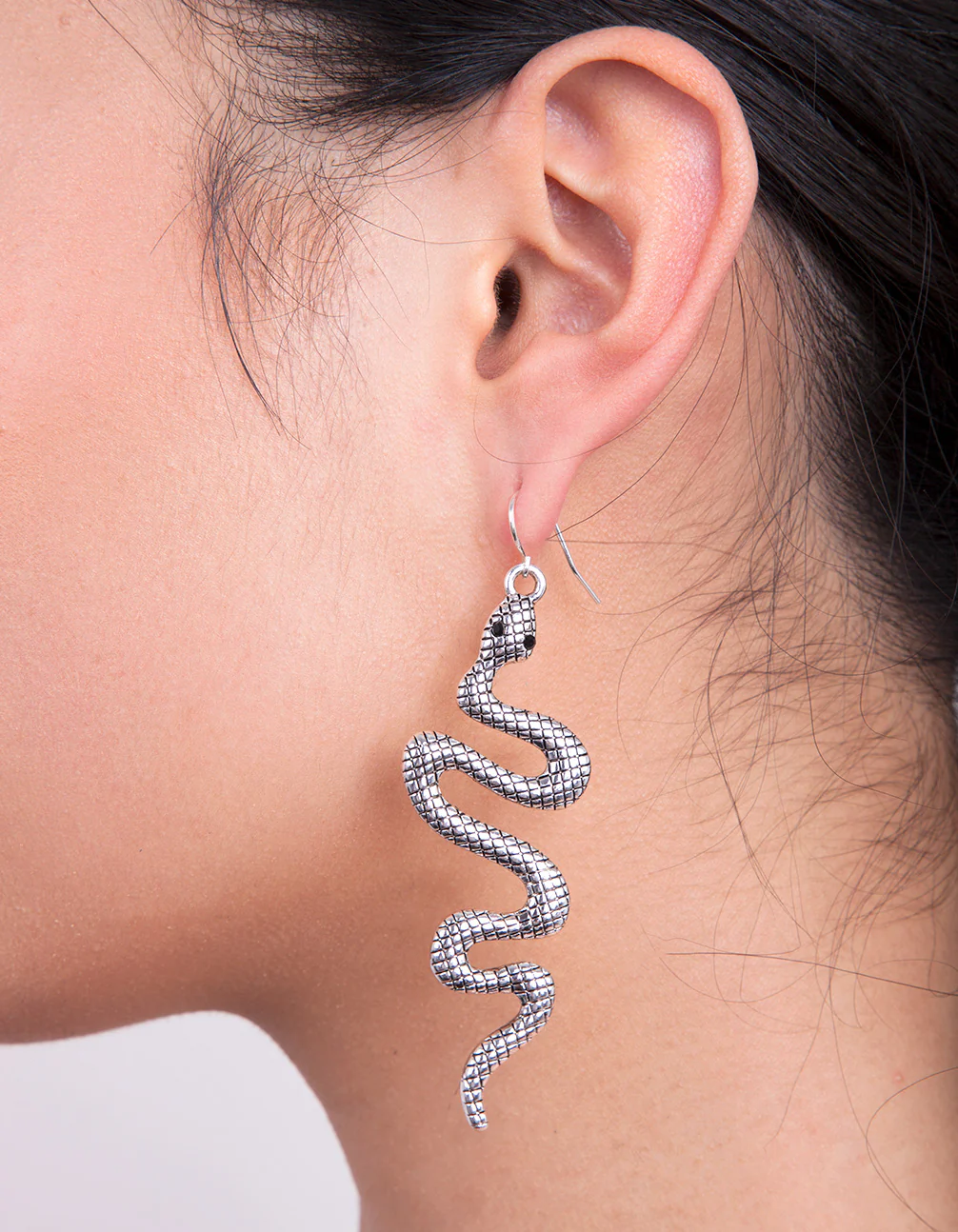 Antique Silver Textured Snake Earrings - Image 3