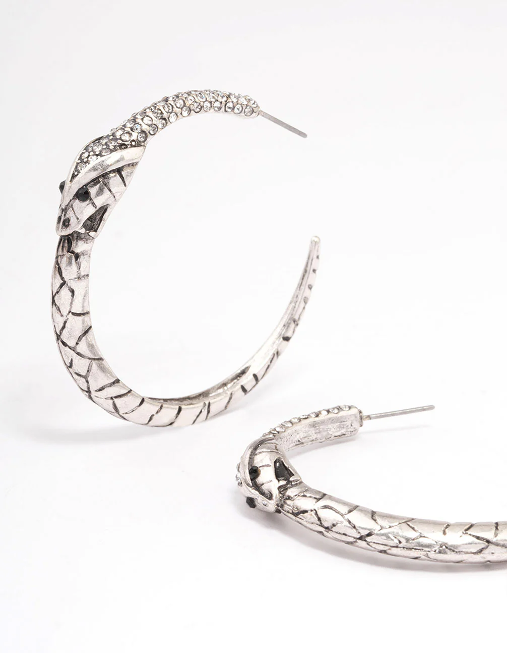 Brushed Silver Snake Textured Hoop Earrings - Image 2