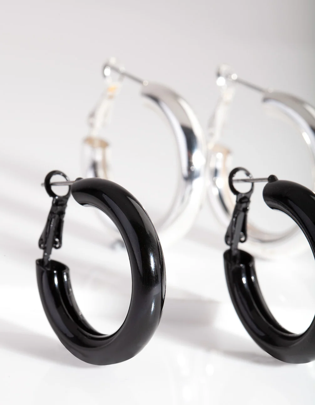 Black Silver Hoop Earrings Duo - Image 2