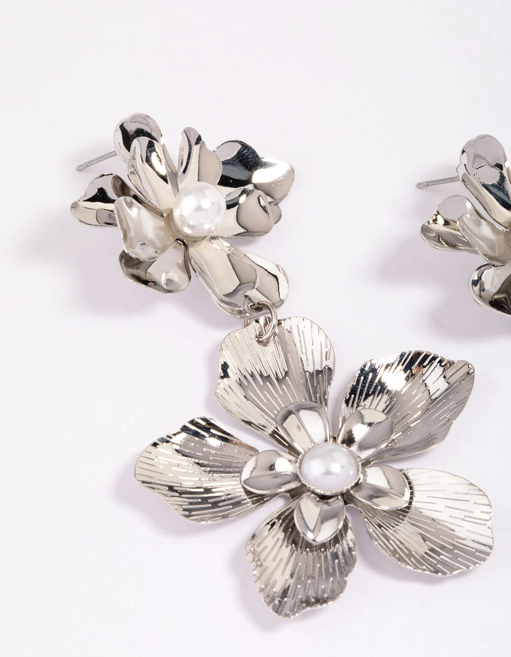 Silver Double Layer Pearl Flower Drop Earrings - Image 2