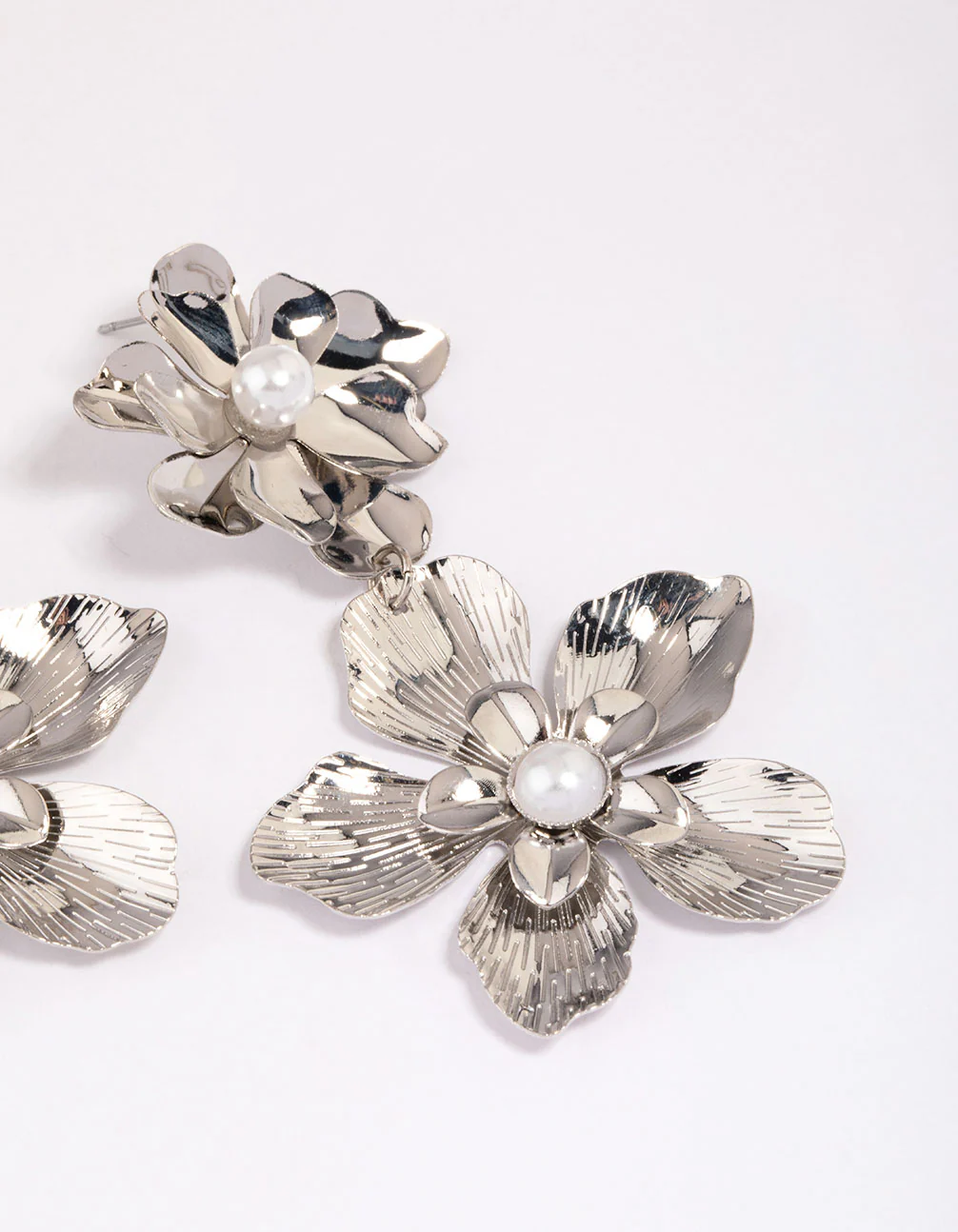 Silver Double Layer Pearl Flower Drop Earrings - Image 3