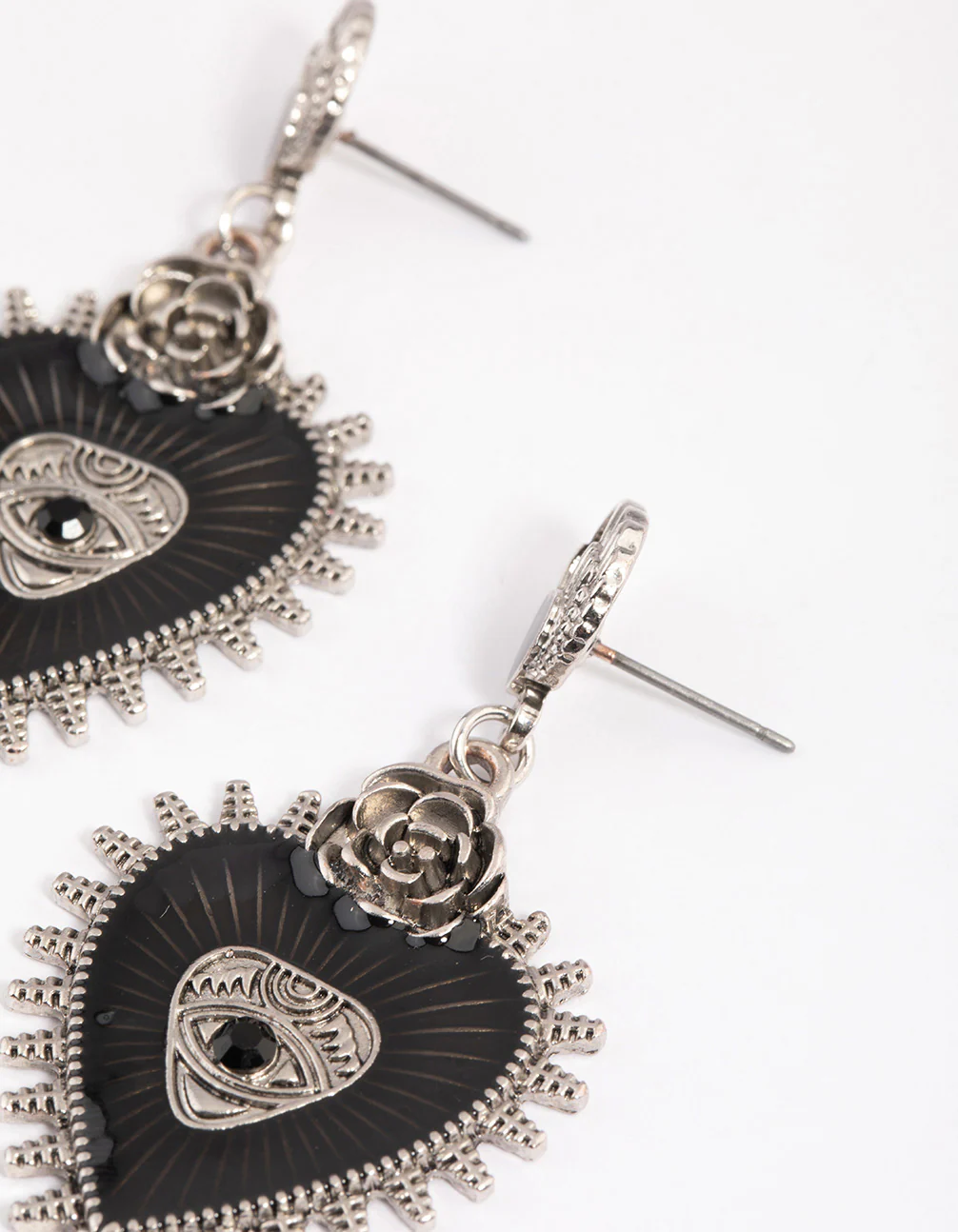 Silver Enamel Heart Rose Drop Earrings - Image 2