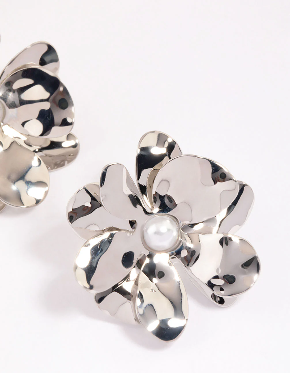 Silver Large Pearly Flower Stud Earrings - Image 2