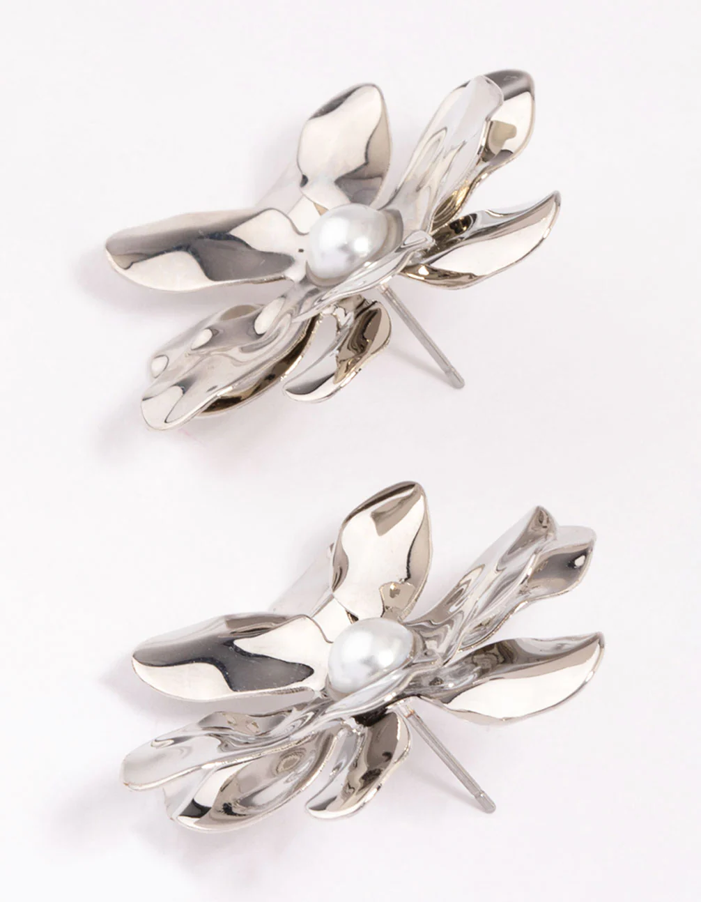 Silver Large Pearly Flower Stud Earrings - Image 3