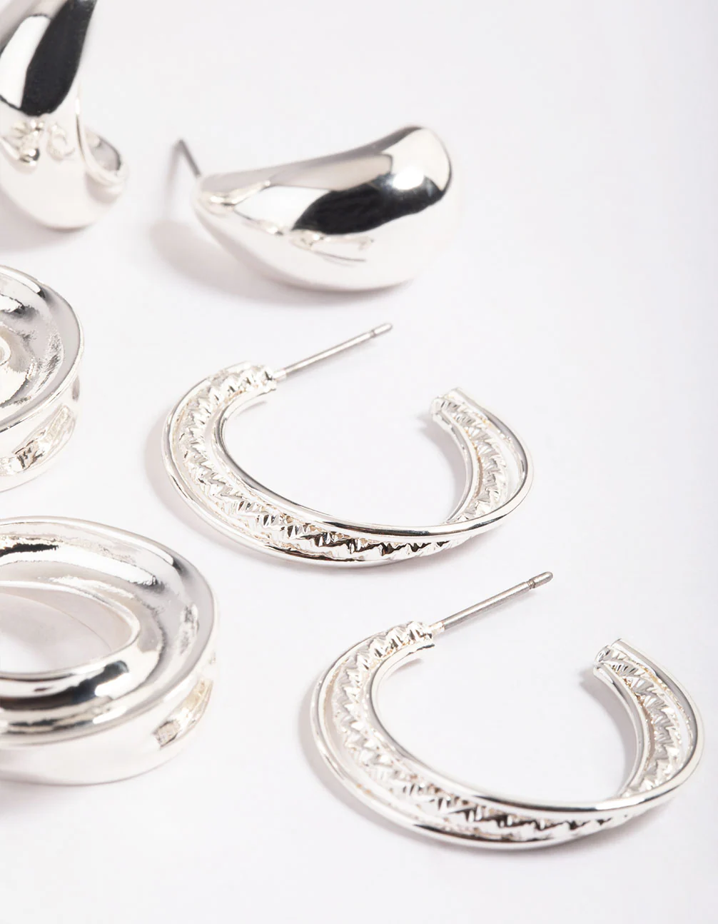 Silver Mixed Textured Thick Earrings Pack - Image 3