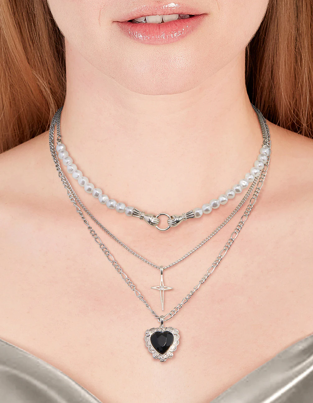 Silver Pearl Heart Star Layered Necklace - Image 2