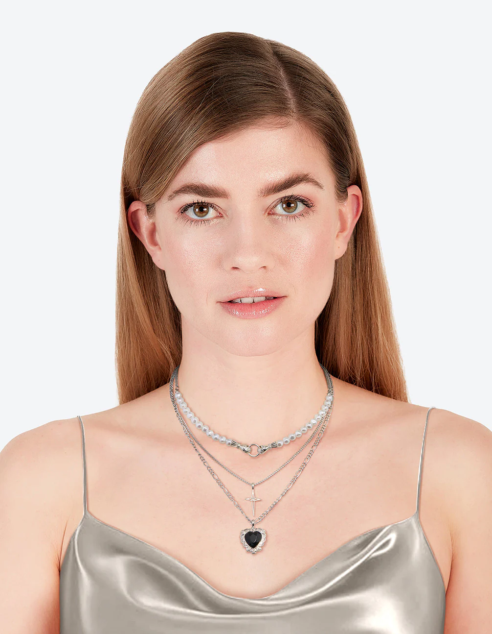 Silver Pearl Heart Star Layered Necklace - Image 3