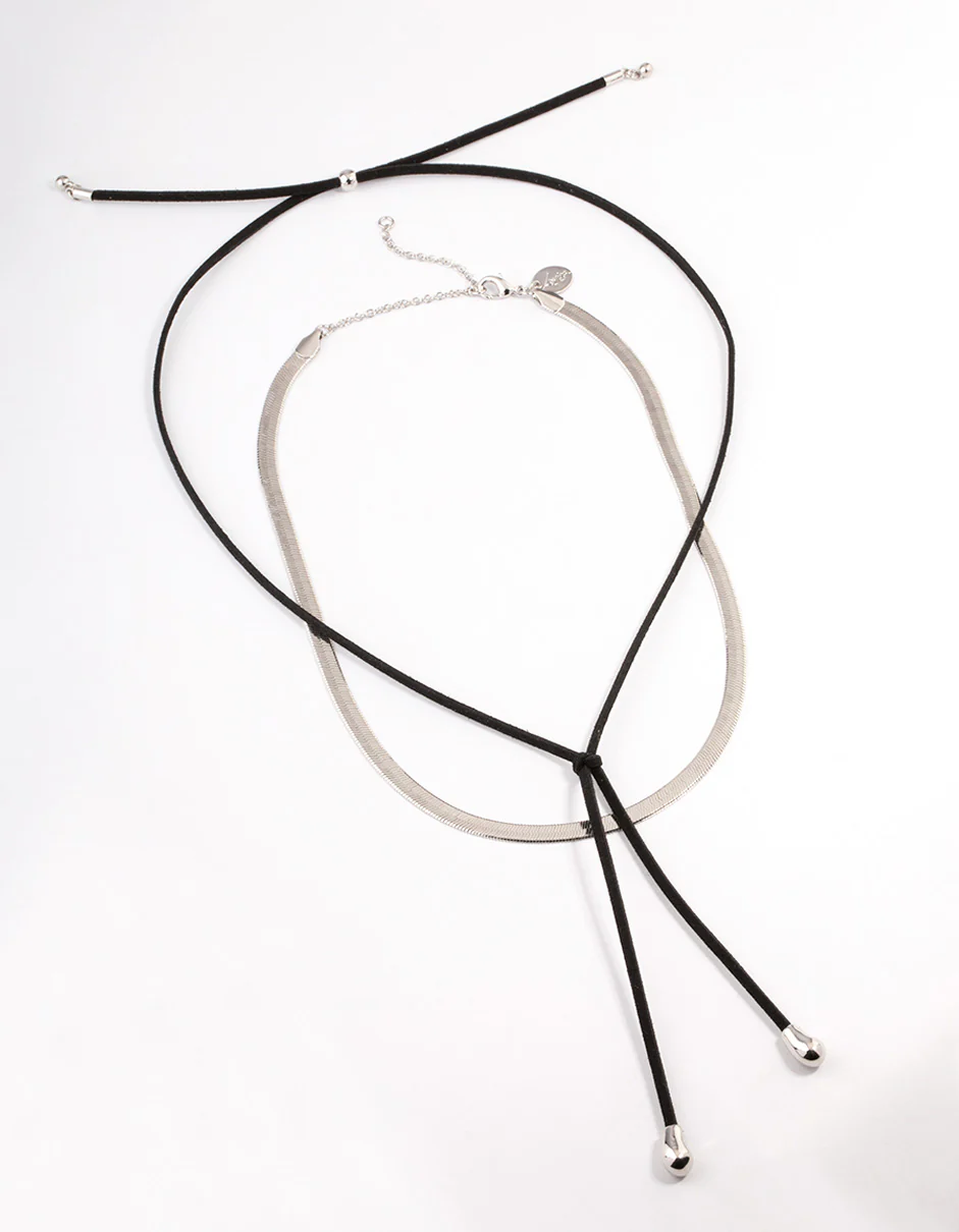 Silver Snake Chain Black Suede Cord Necklace Pack - Image 2