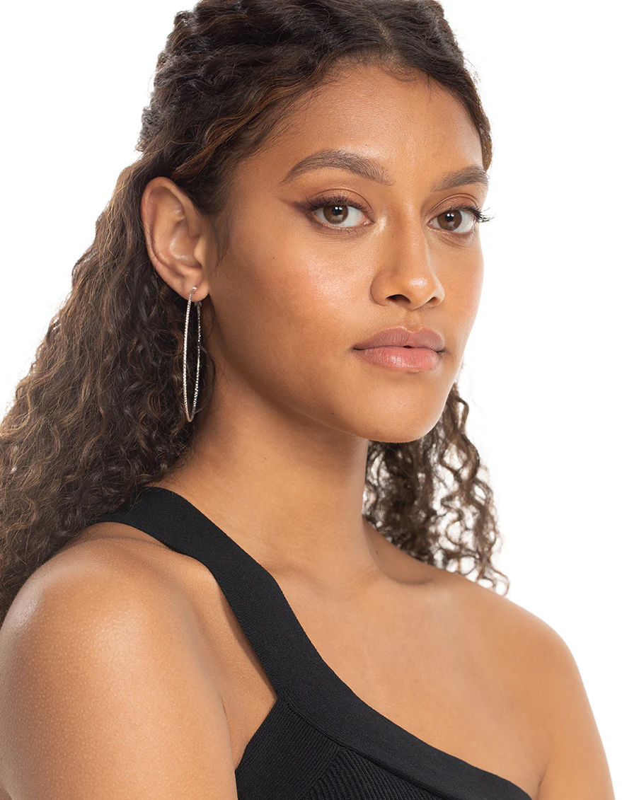 Silver 70mm Facet Textured Hoop Earrings - Image 2