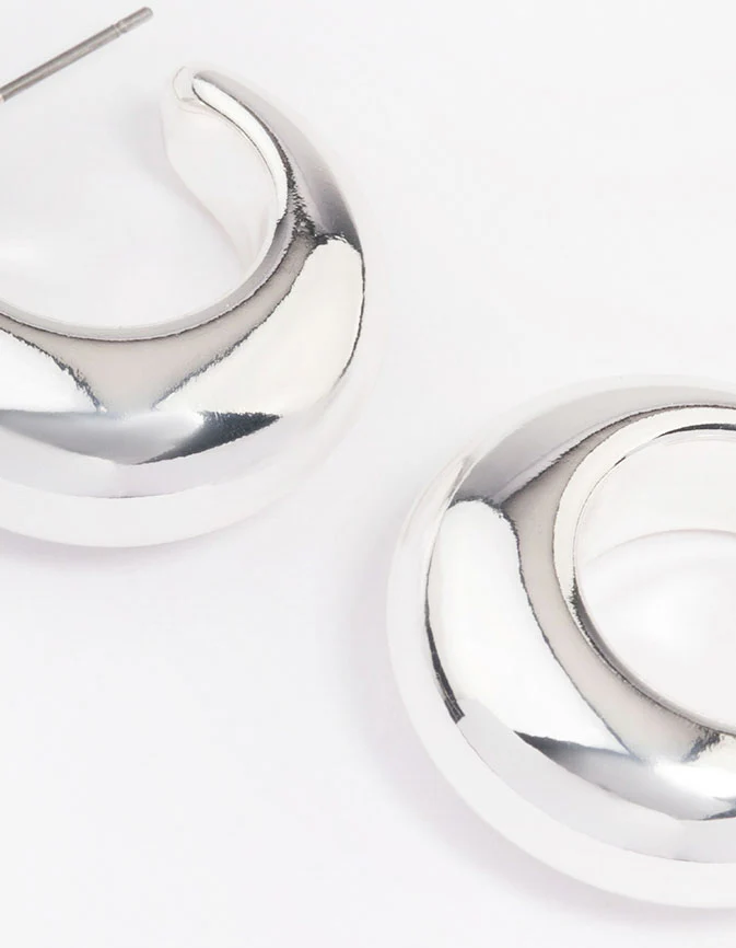 Silver Medium C-Shape Hoop Earrings - Image 3