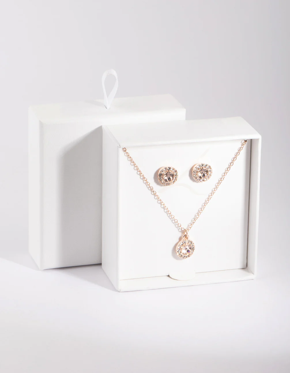 Rose Gold Diamond Simulant Circle Necklace & Earrings Set - Image 3