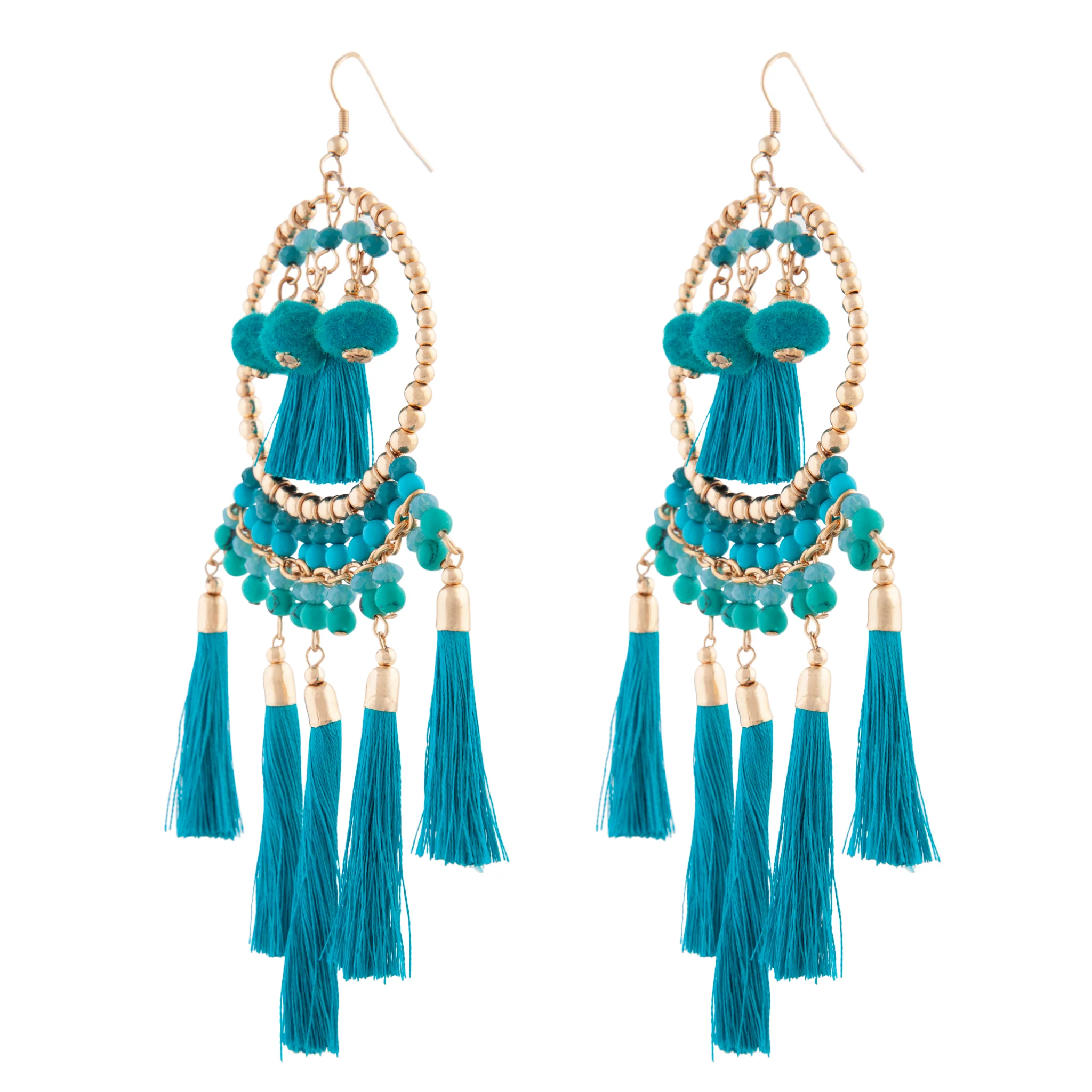 Green Statement Tassel Pom-Pom Earrings - Image 2