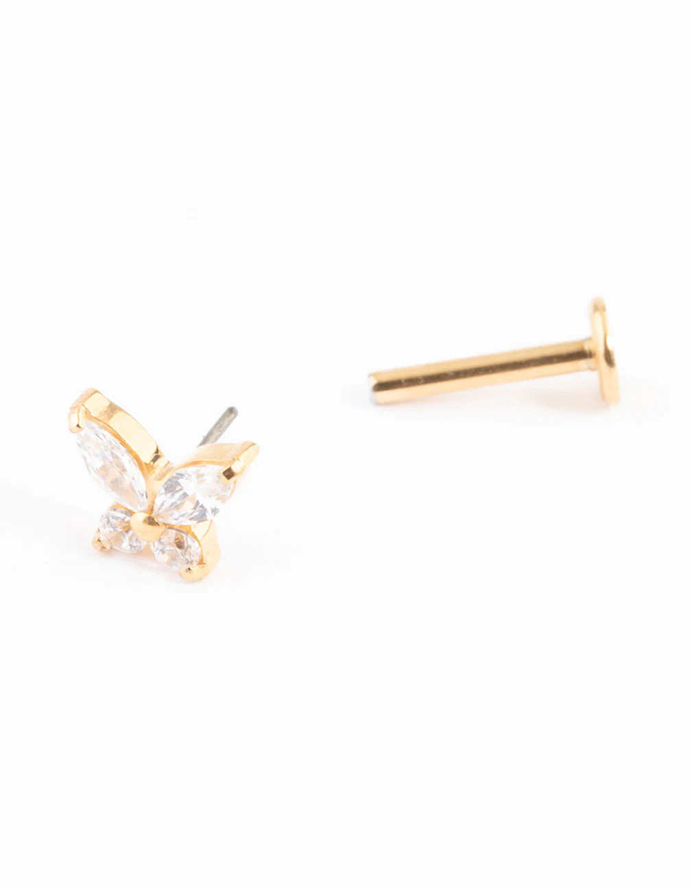 Gold Plated Cubic Zirconia Titanium Butterfly & Ball Threadless Flat Back Studs Pack - Image 2