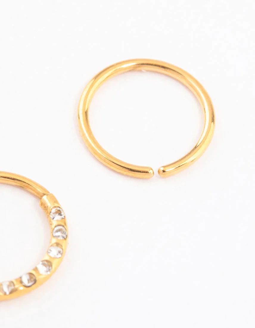 Gold Plated Titanium Cubic Zirconia Textured Nose Ring Pack - Image 2