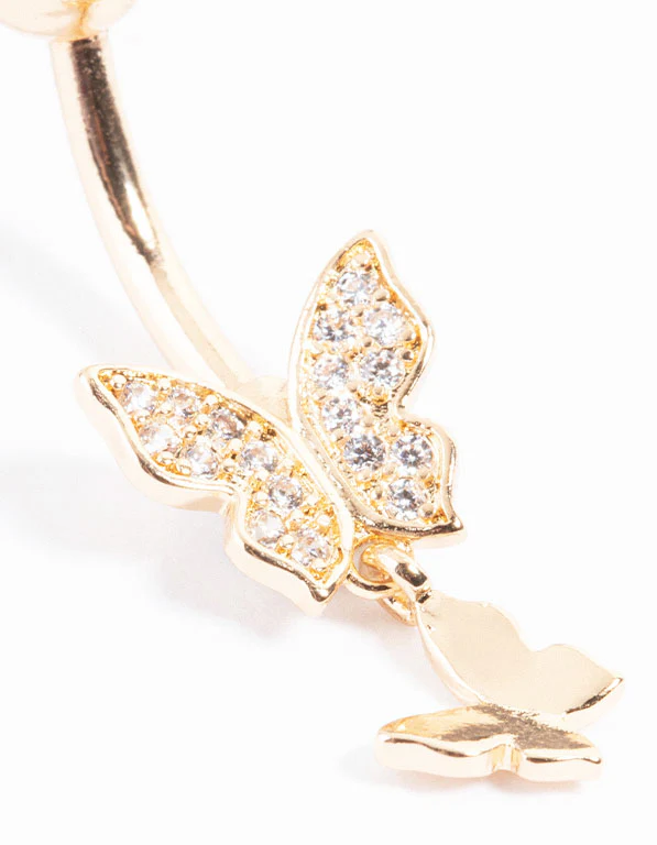 Gold Plated Titanium Double Butterfly Belly Ring - Image 2