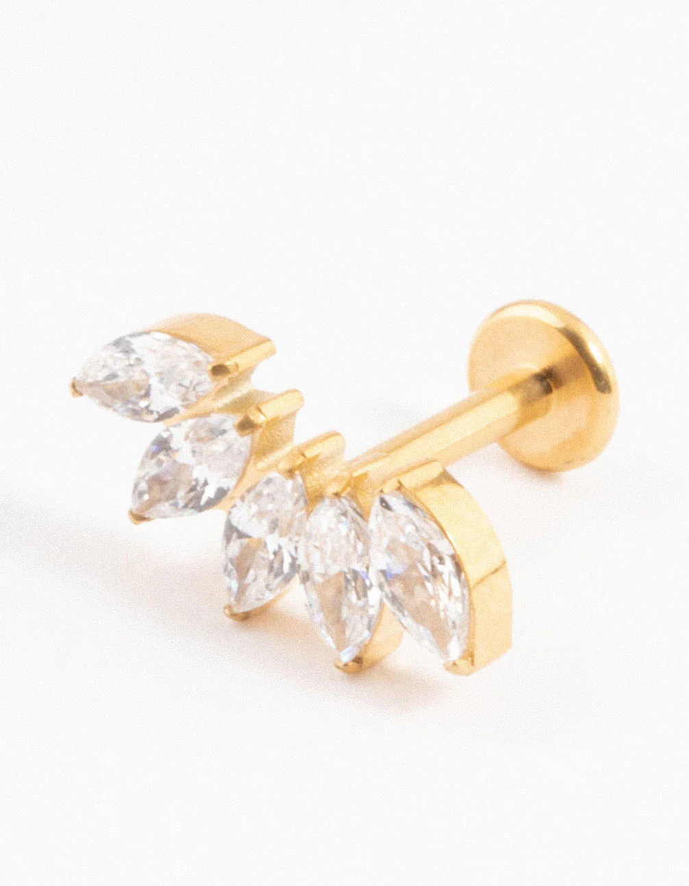 Gold Plated Titanium Cubic Zirconia Marquise Threadless Single Flat Back Stud - Image 3
