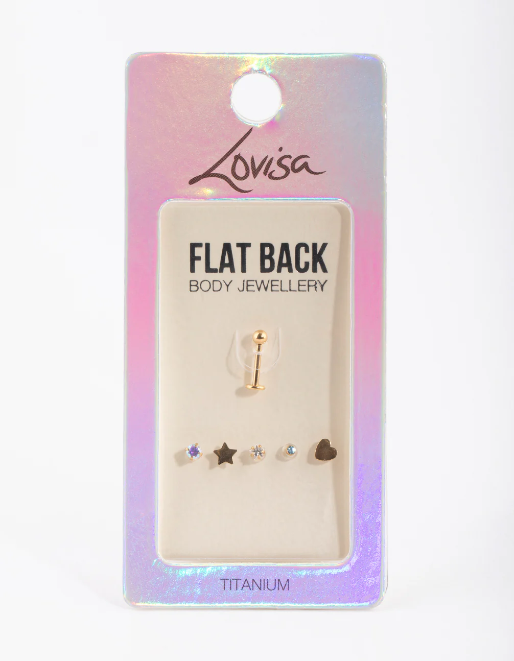 Gold Plated Titanium Single Flat Back Bar & Mixed Motif Interchangeable Ends 6-Pack - Image 2