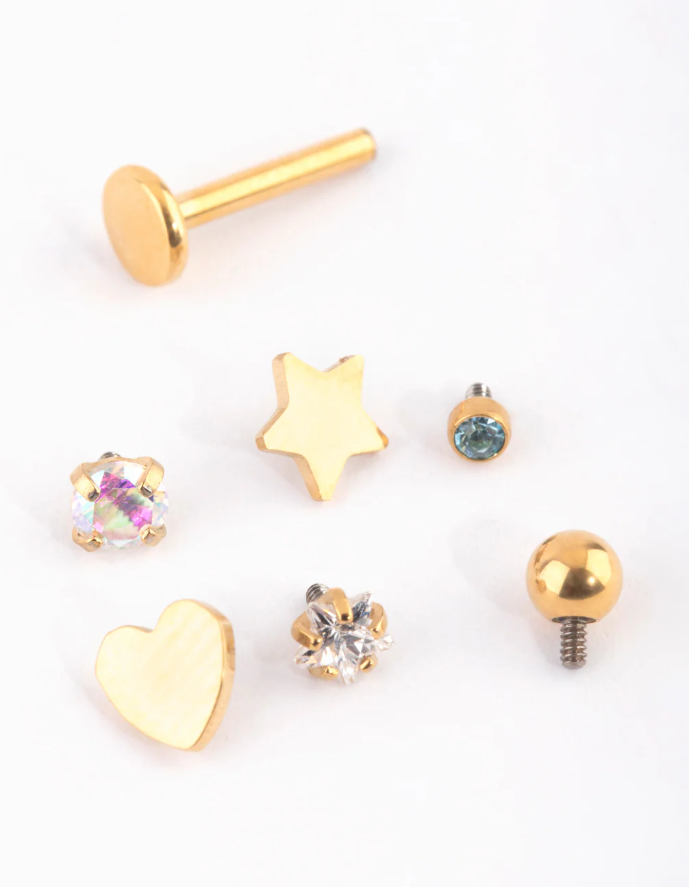Gold Plated Titanium Single Flat Back Bar & Mixed Motif Interchangeable Ends 6-Pack - Image 3