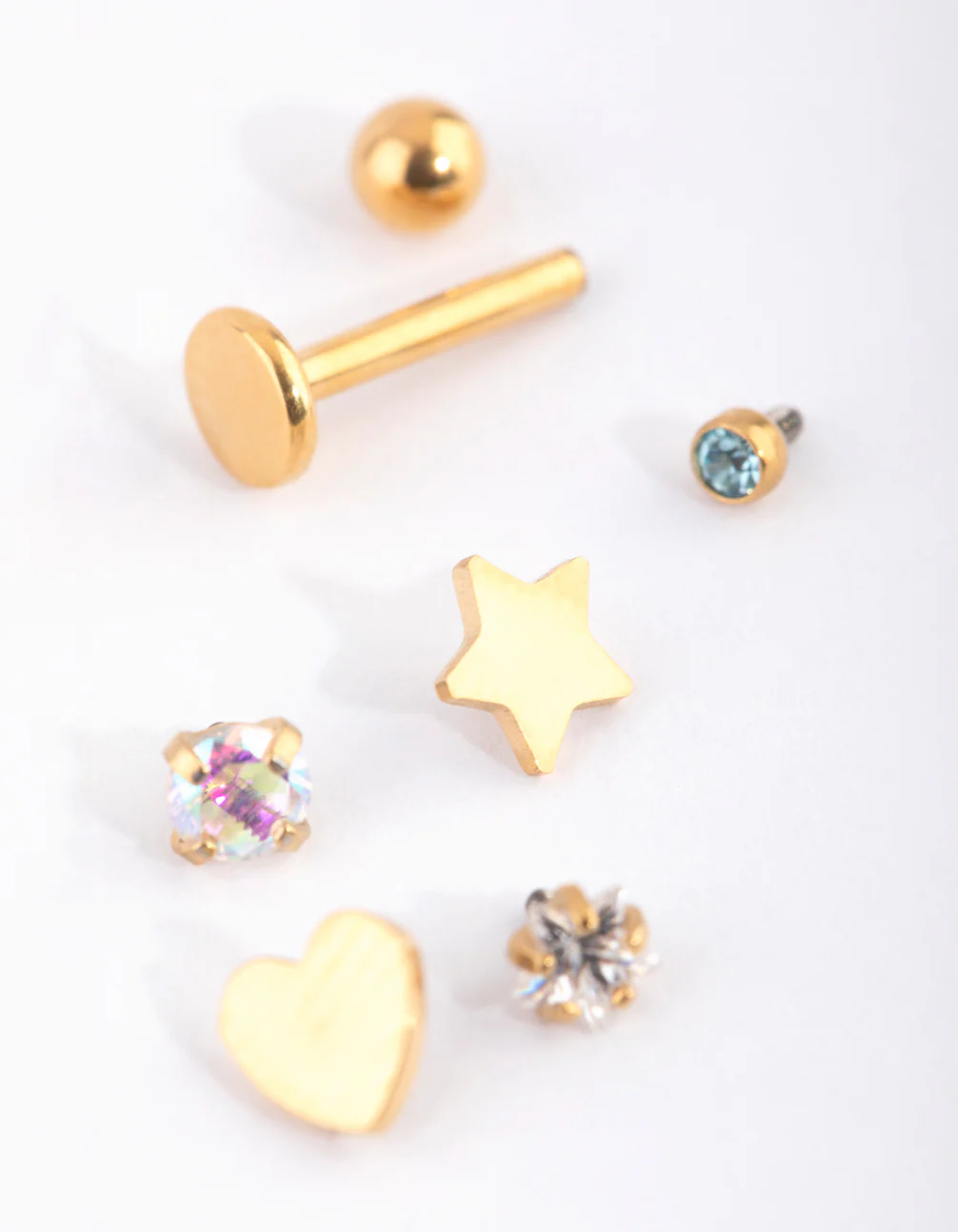 Gold Plated Titanium Single Flat Back Bar & Mixed Motif Interchangeable Ends 6-Pack - Image 5