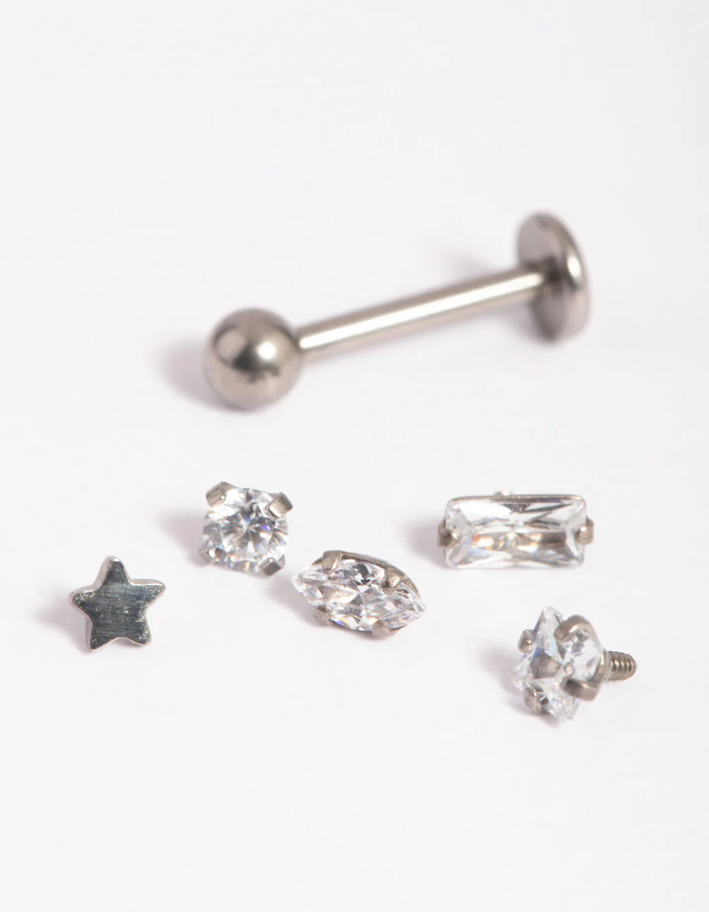 Titanium Single Flat Back Bar & Cubic Zirconia Interchangeable Ends 6-Pack - Image 2