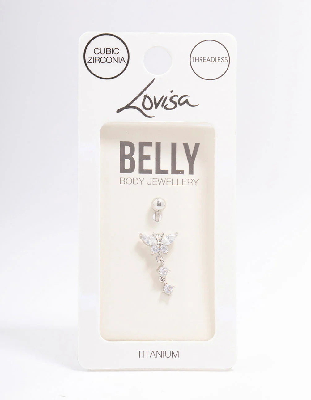 Titanium Cubic Zirconia Butterfly Drop Threadless Belly Bar - Image 3