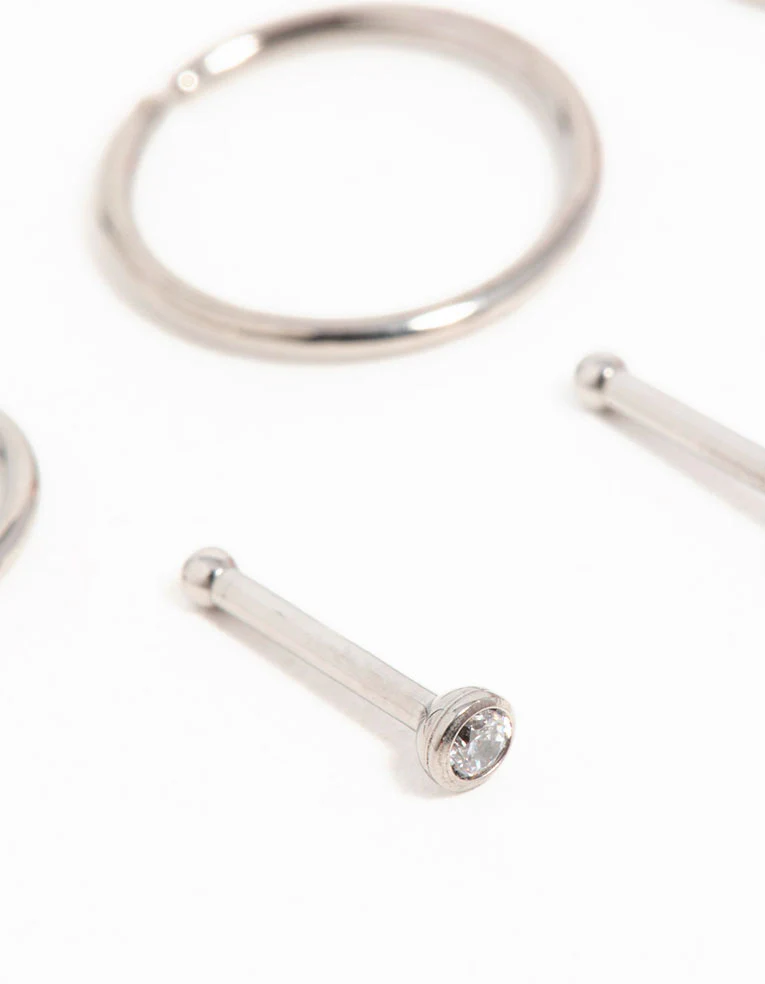 Titanium Cubic Zirconia Classic Nose Studs &  Rings 6-Pack - Image 2