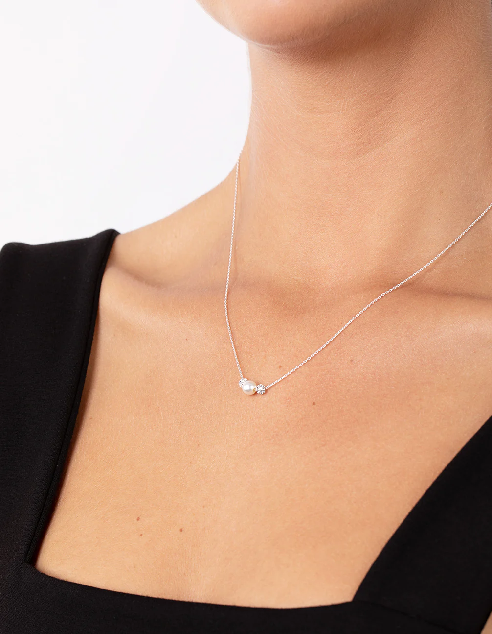 Sterling Silver Pearlised & Diamante Bead Necklace - Image 2