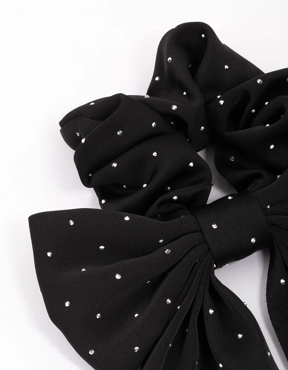 Black Fabric Bow Diamante Hair Scrunchie - Image 2