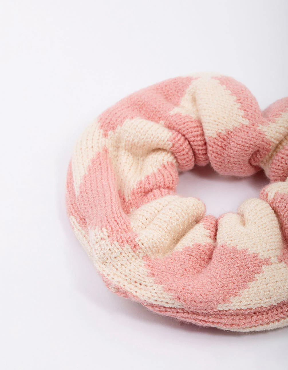 Pink & Cream Checkered Knitted Hair Scrunchie - Image 2
