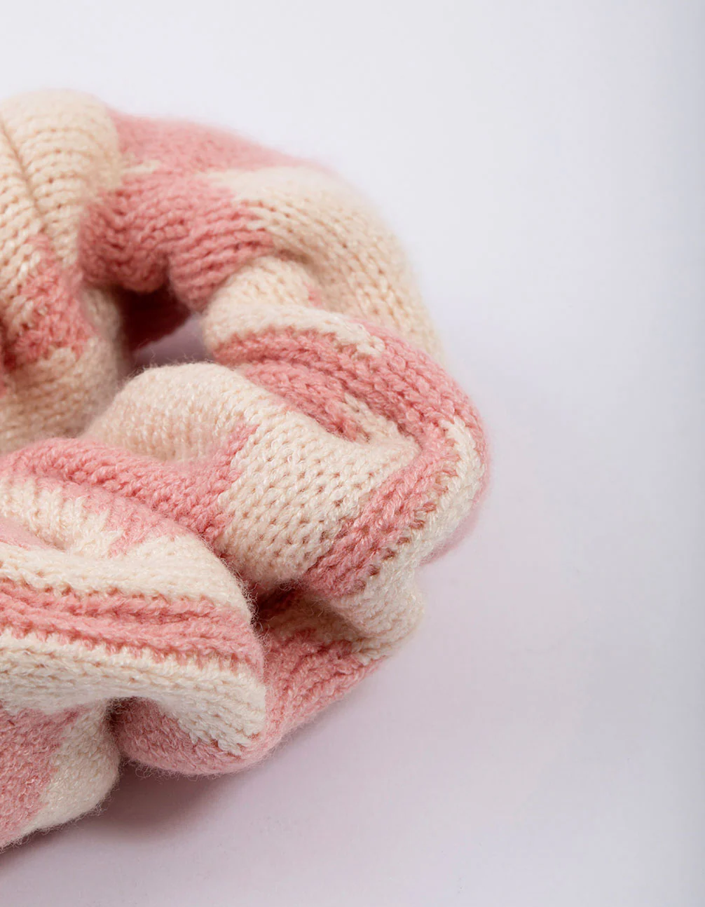Pink & Cream Checkered Knitted Hair Scrunchie - Image 3