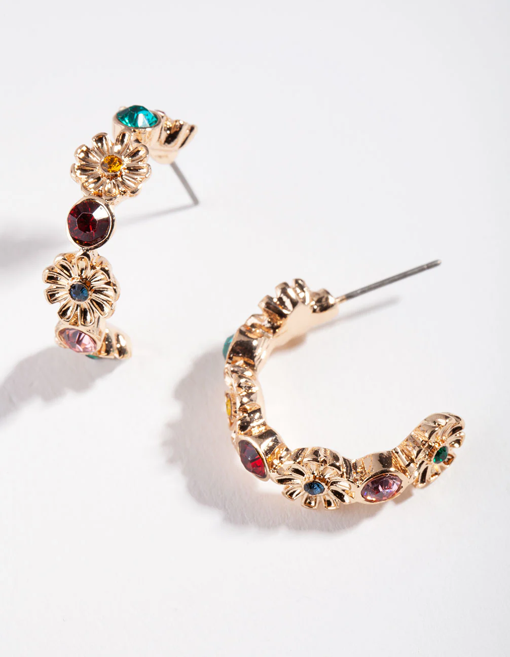 Gold Red Green Gem Hoop Earrings - Image 2