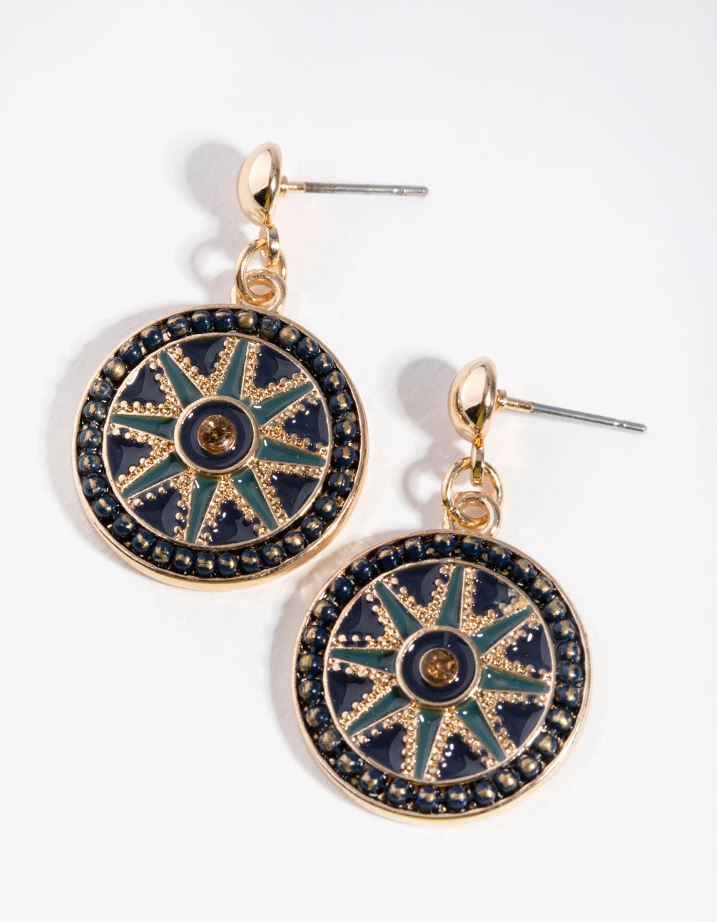 Gold Enamel Star Disc Drop Earrings - Image 2